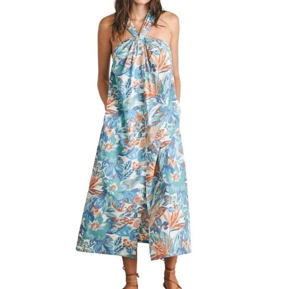 Faherty Bay Twist Dress Paradise Blossom Floral Blue 100% Organic Cotton Size XS